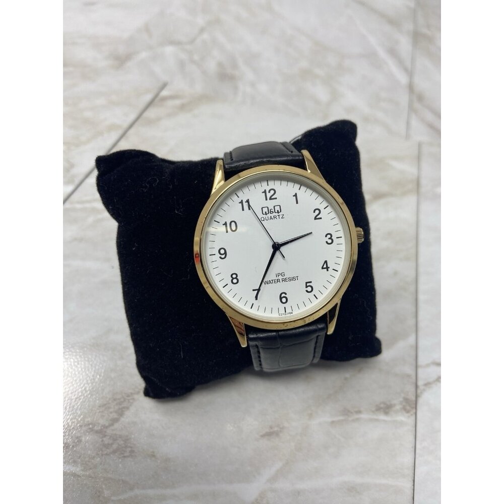 Q&Q Quartz Gold-Tone Black Leather Band Watch New